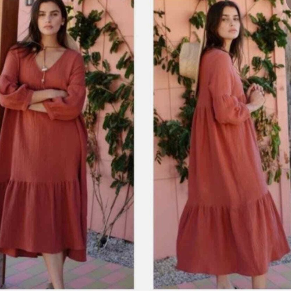 7 For All Mankind Cecelia Rust Cotton Gauze Tiered Midi Dress Size XS